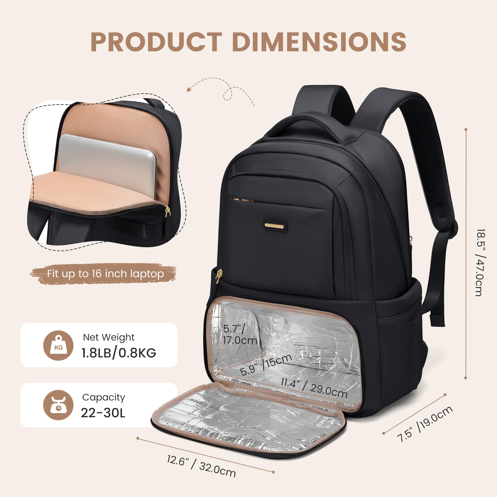 GOLF SUPAGS Lunch Rucksack, 16 Zoll Laptop Rucksack Schulrucksack mit Lsoliertes Kühltasche für Arbeit Reisen Schule Picknick Uni