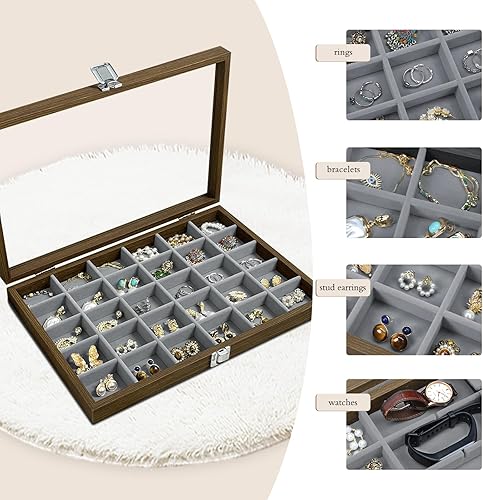 Miniatura 4 de Stratalife Organizador de joyas de madera con 30 rejillas, bandeja para aretes, caja de anillos, organizador de aretes con tapa transparente