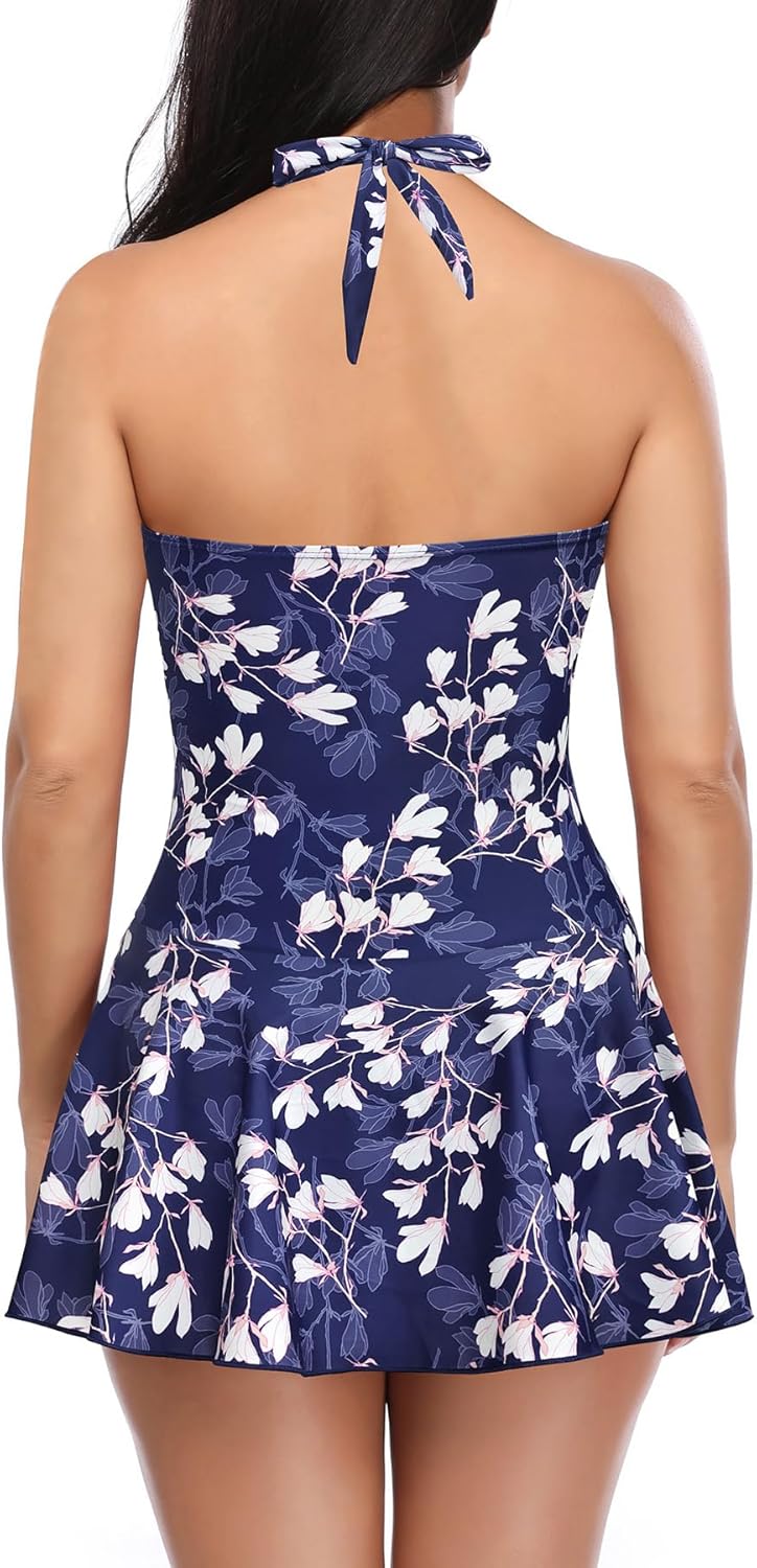 SHEKINI Women's Halter One Piece Swimsuit Skirt Slimming V Neck Ruched Swimdress Tummy Control Shaping Bathing Suit