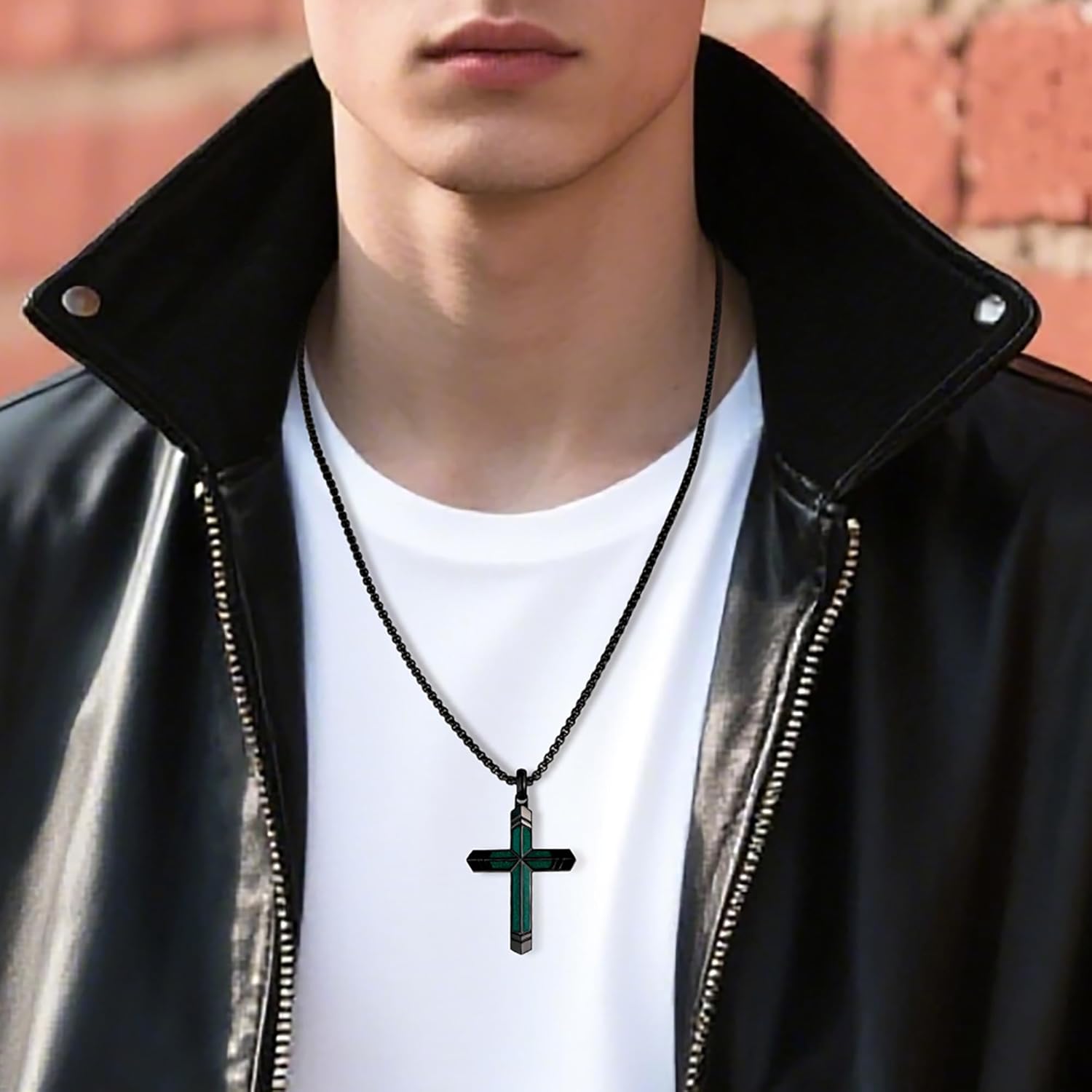 Cross Necklace for Men Turquoise/Malachite Cross Necklace with Adjustable Box Chain 24-26 Inches Christianity Jewelry Gifts Everyday Wear - Image 4