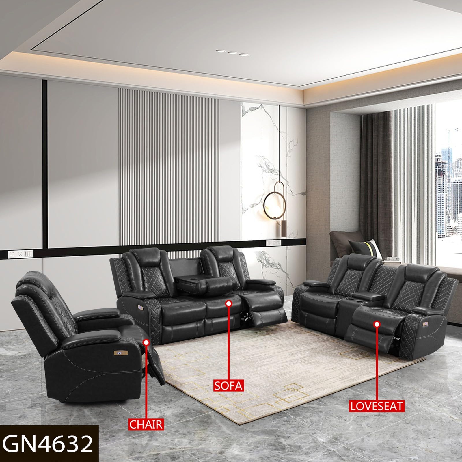 Amazon.com: LGQLJPLQQ Black Breathing Leather 3-Piece Living