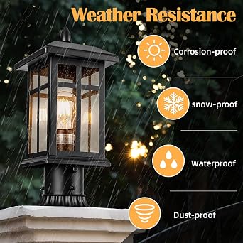 Brilvibera 2 Pack Outdoor Post Light Electric, Black Pole Lantern | Post Lighting Fixture with Pier Mount Base, Exterior Lamp Post Lantern with Glass for Garden Yard Patio Path