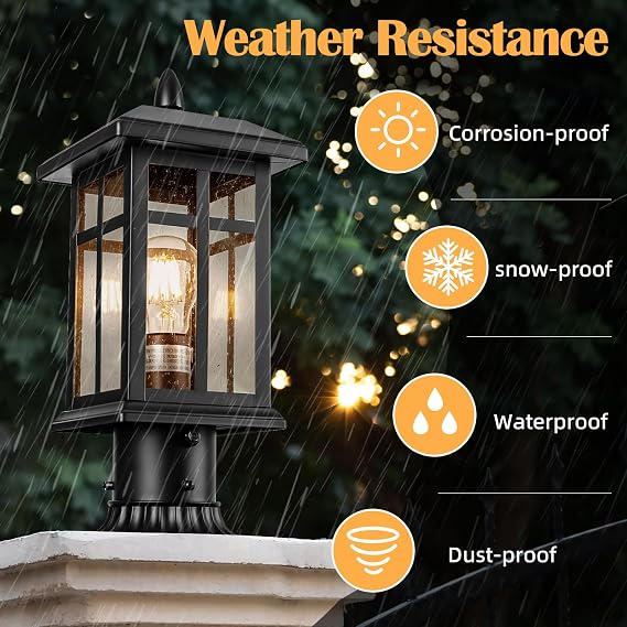 Brilvibera 2 Pack Outdoor Post Light Electric, Black Pole Lantern | Post Lighting Fixture with Pier Mount Base, Exterior Lamp Post Lantern with Glass for Garden Yard Patio Path