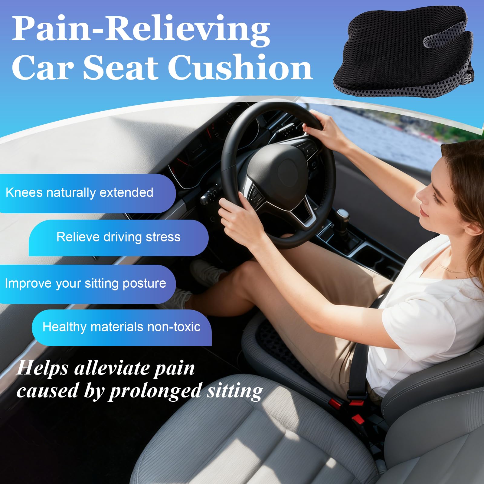 Veloray Cuscino per Sedile Auto Guidatore, Memory Foam Cuscino Ergonomico, Cuscino per Coccige e Sciatica, Per alla Maggior Parte Delle Auto, SUV, Camion e Furgoni - Nero