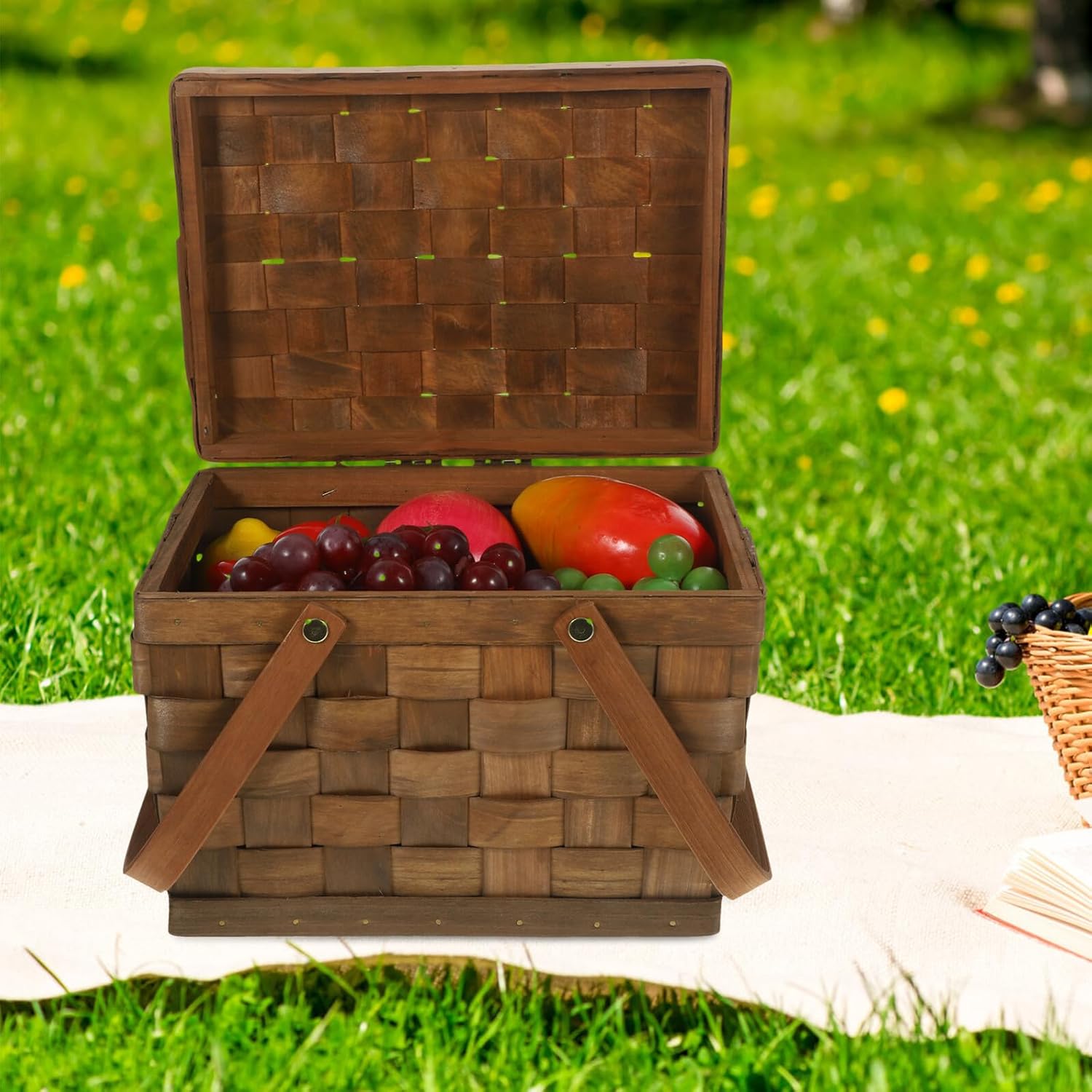 Luxshiny Wooden Woven Picnic Basket with Lid Double Handles Dark Color Multi-Purpose Outdoor Fruit and Food Storage Basket for Garden Gathering and Home Decor