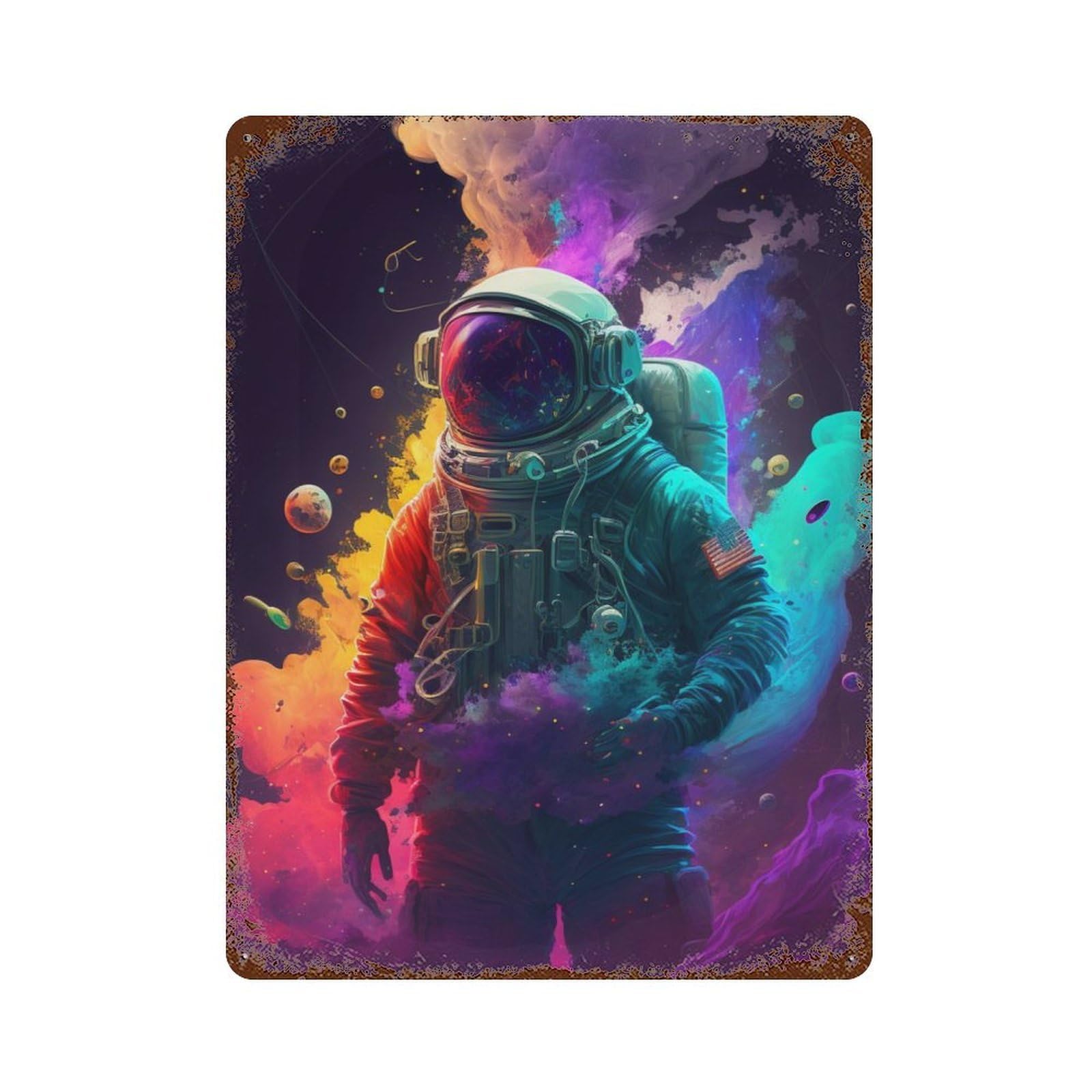 Weathered Tin Sign with Leak Astronaut in Space Design 15.7"x11.8", for Basement, Hobby Room And Garage Decor, Industrial Home Decor