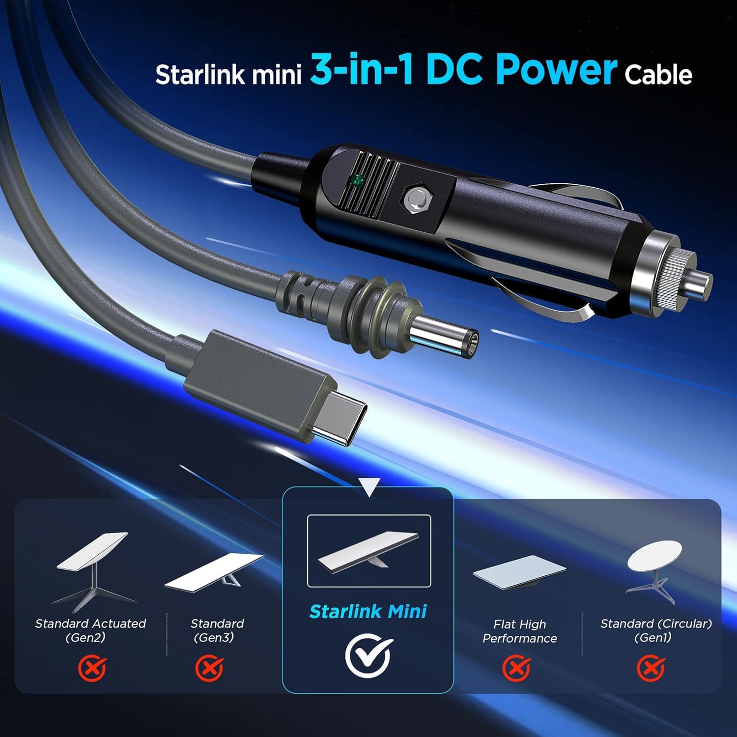 Starlink Mini 3 in 1 DC Power Cable 65FT/ 20M, 100W+ 12-24V USB C/Car Charger/DC Replacement Cable, Waterproof Extension Starlink Power Accessories (3IN1, 65FT)