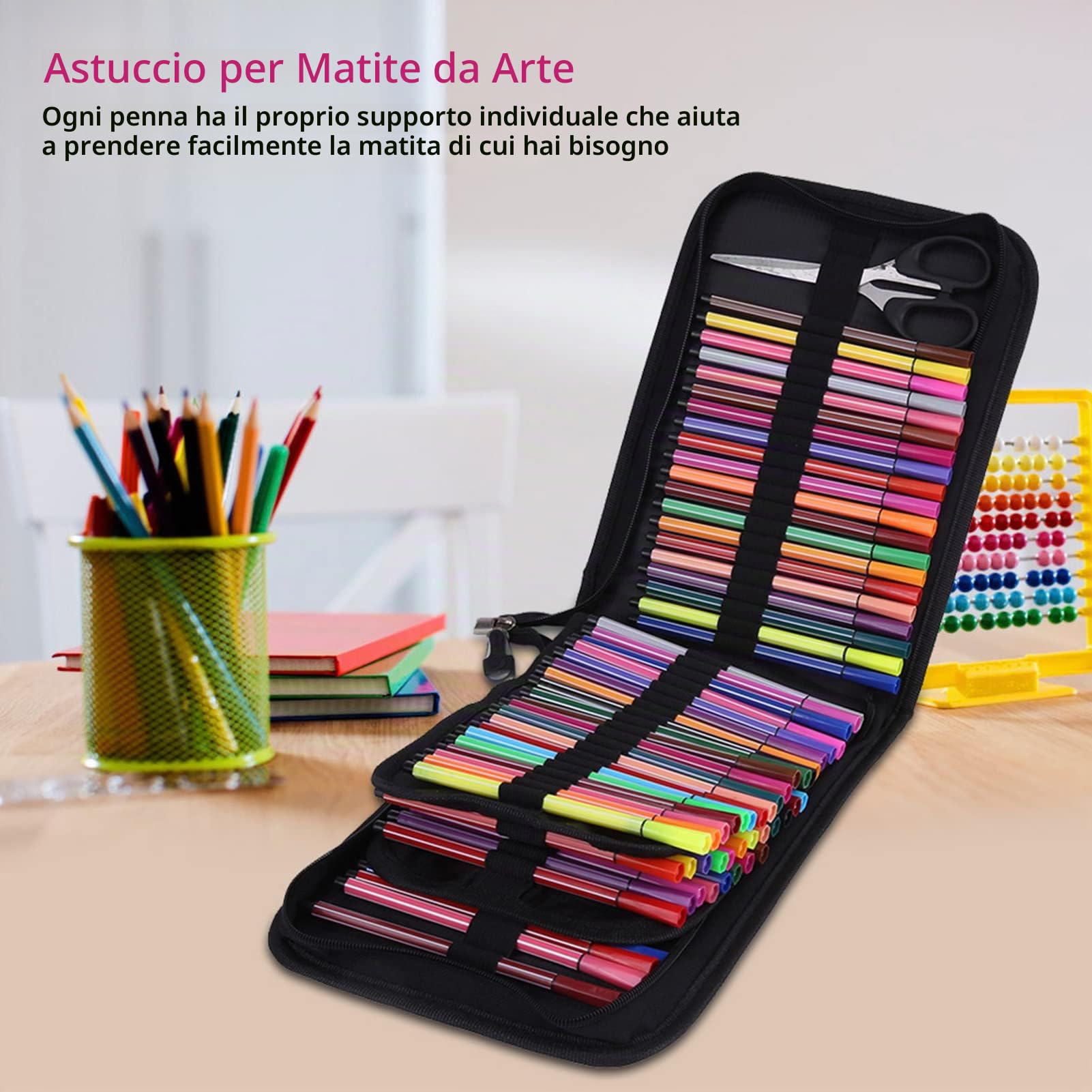 Astuccio con 72 o 120 scomparti, grande capacità, in lino, borsa portaoggetti, supporto singolo, portapenne, portapenne, organizer con cerniera (120 tasche pieghevoli (nero))