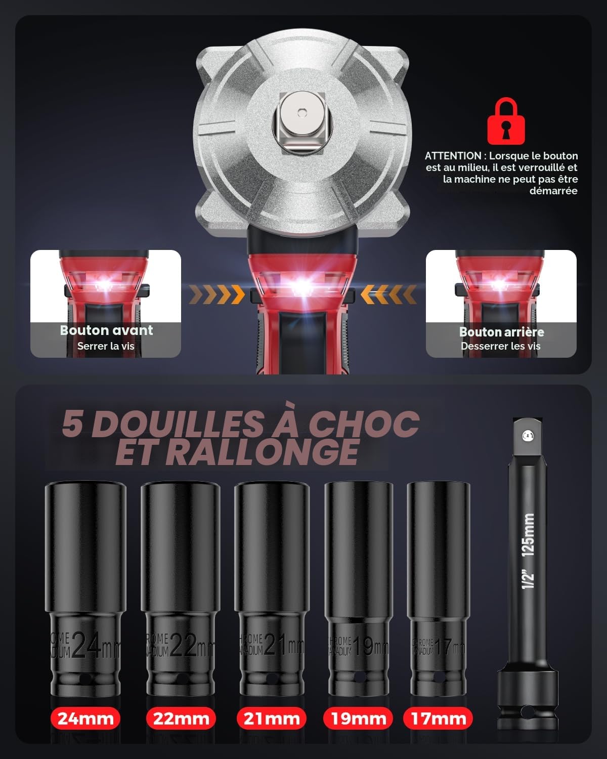 XIAZIR Clé à chocs sans fil 1200 Nm 21V 4.0Ah 3 vitesses LED avec 5 douilles rallonge mallette