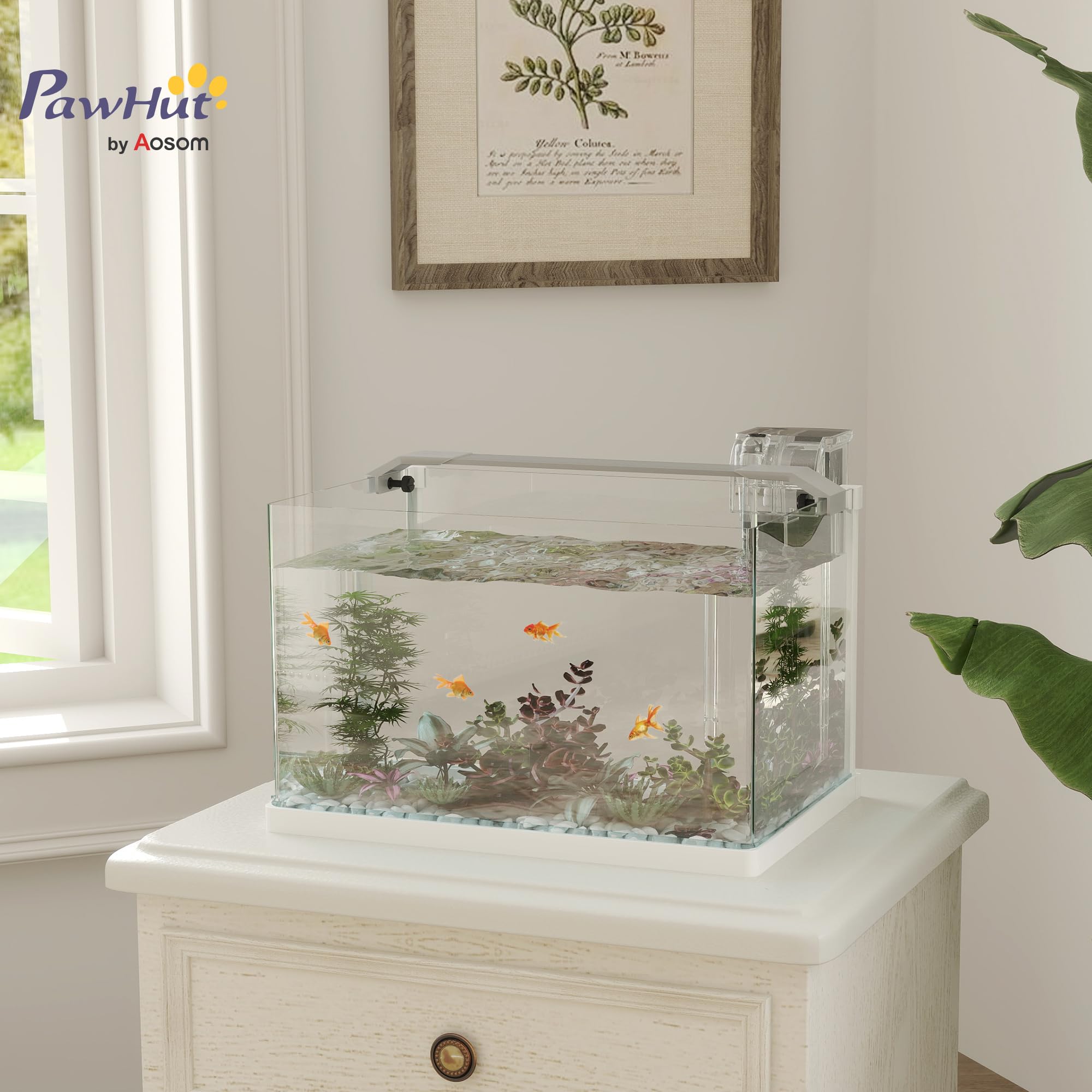 PawHut Acquario per Pesci Rossi in Vetro con Luci LED, Acquario 20L per Tropicali con Filtro e Pompa d'Acqua, 38x26x27 cm, Bianco