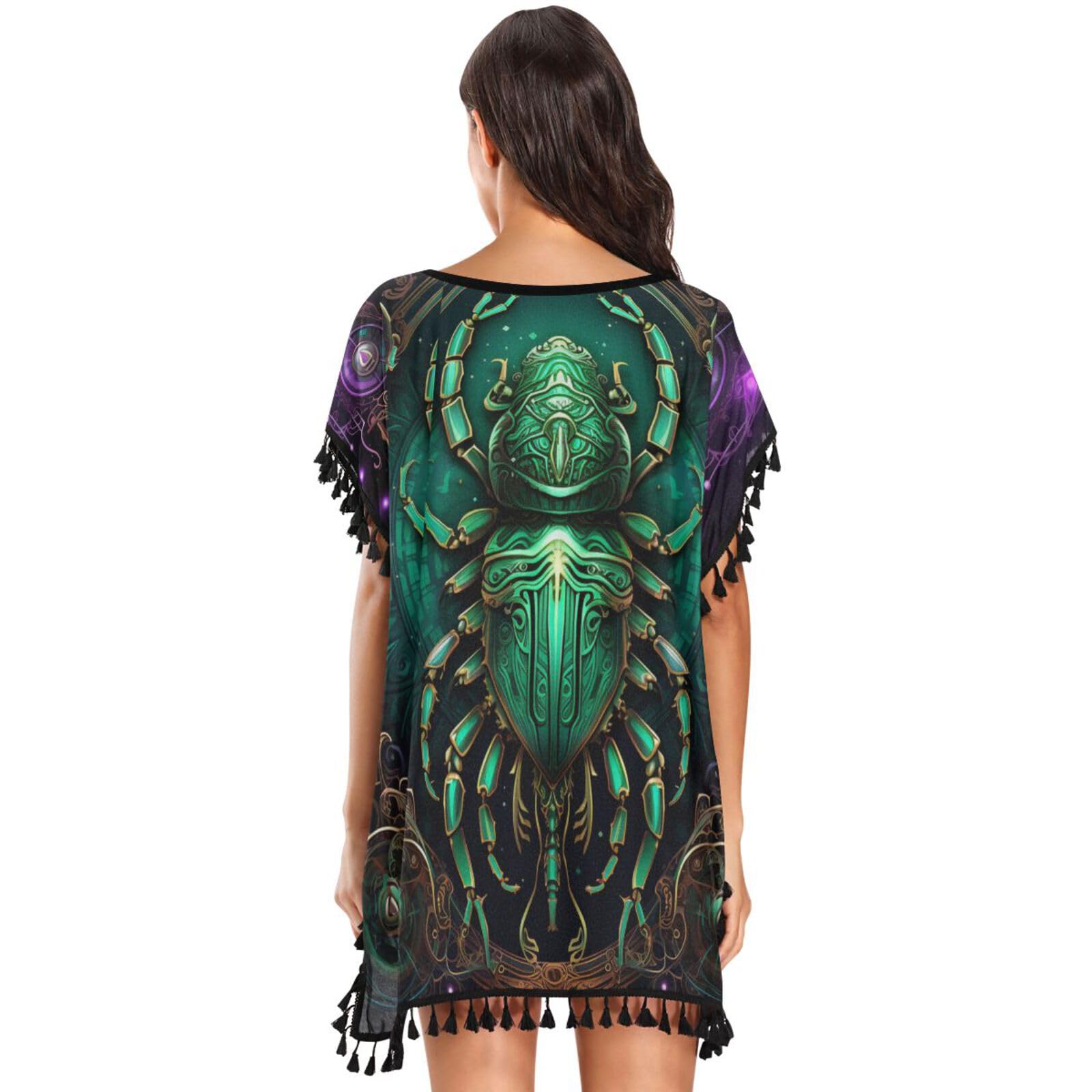 Green Emerald Abstract Women's Beach Cover Up Chiffon Tassel Swimwear Swimsuit Coverups for Girl