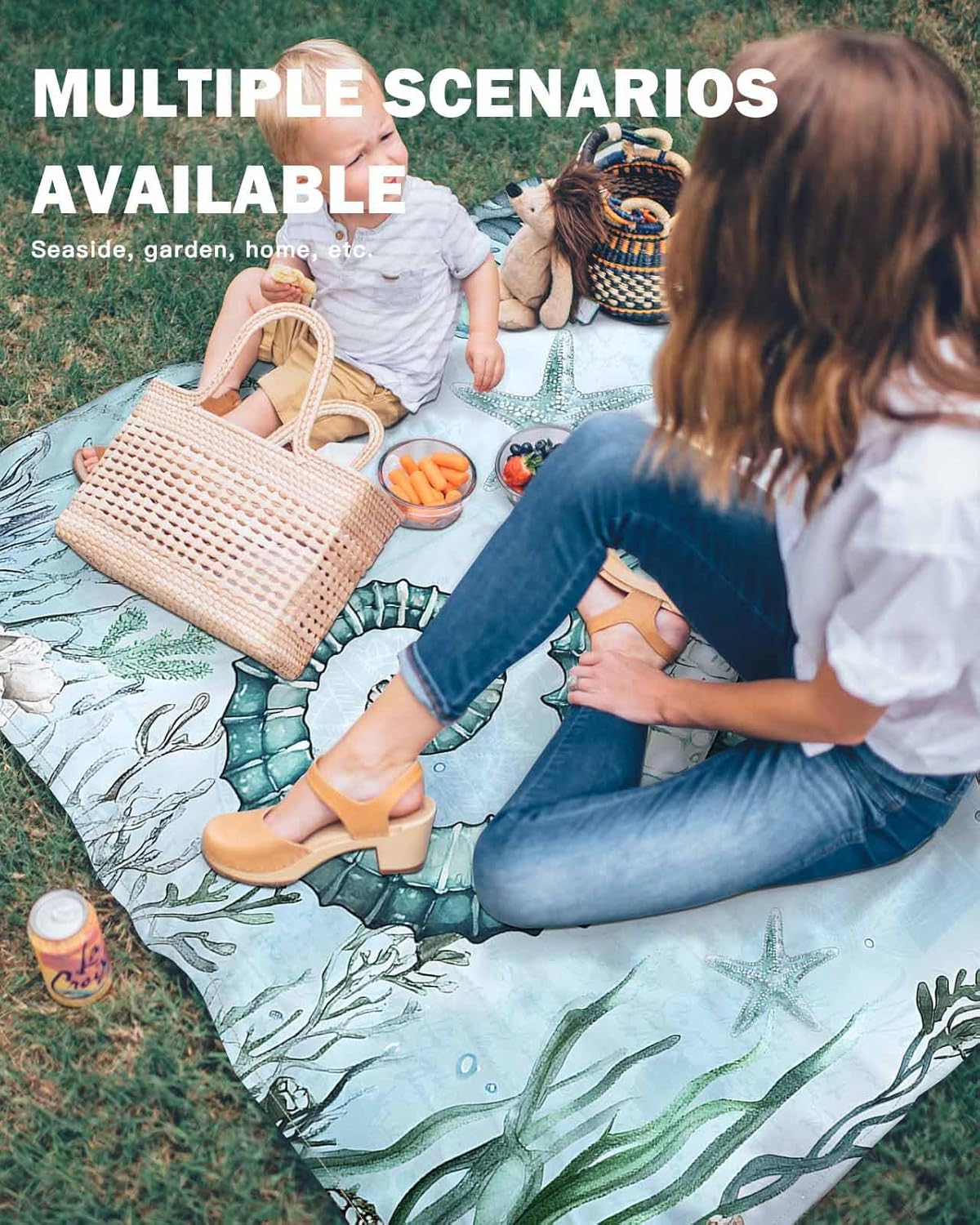 Summer Teal Seahorse Coral Shell Beach Blanket Extra Large 118x108in Outdoor Waterproof Sandproof Picnic Blankets with Stakes Lightweight Beach Mat for Camping Travel Hiking,Coastal Marine Creature