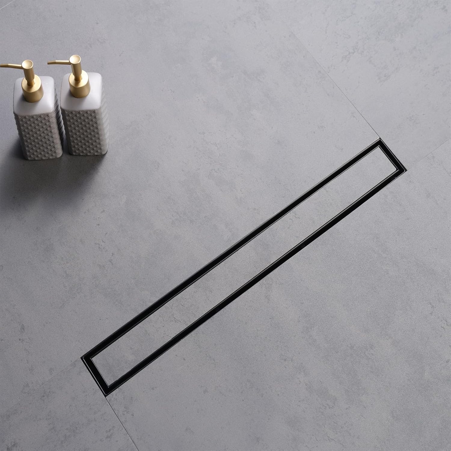 Linear Shower Drain with Tile-in Grate, Material Sus 304, Matt Black, 24in Rectangle Floor Drain, Shower Floor Drain with Levelling Foot, Hair Strainer, for Bathroom, Balcony