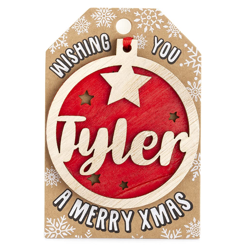 Personalised Wooden Tyler Name Red Hanging Christmas Tree Bauble Decoration