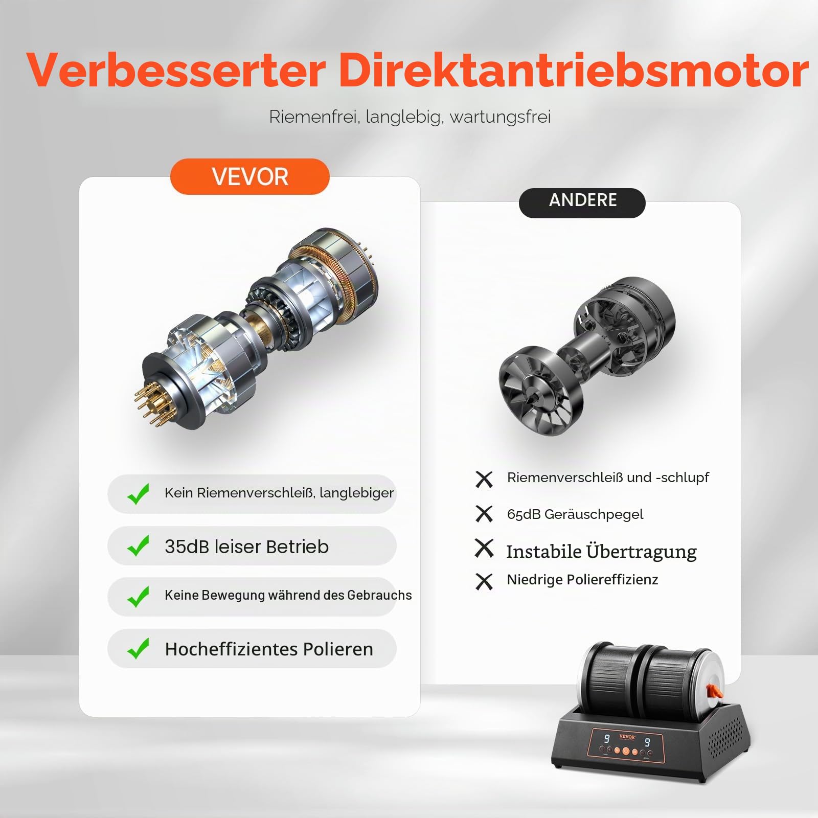 VEVOR Steinpoliermaschine Doppeltrommel-Steinpoliermaschine 9 Geschwindigkeitsstufen, 9-Tage-Poliertimer Steinpolierer Direktantriebsmotor 35 dB leiser Rotationspolierer schwarz