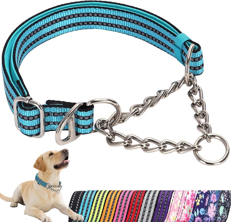 Coleira Martingale para Cães Grandes com Corrente de Aço Inoxidável e Faixa Refletiva ONEFOJOJO