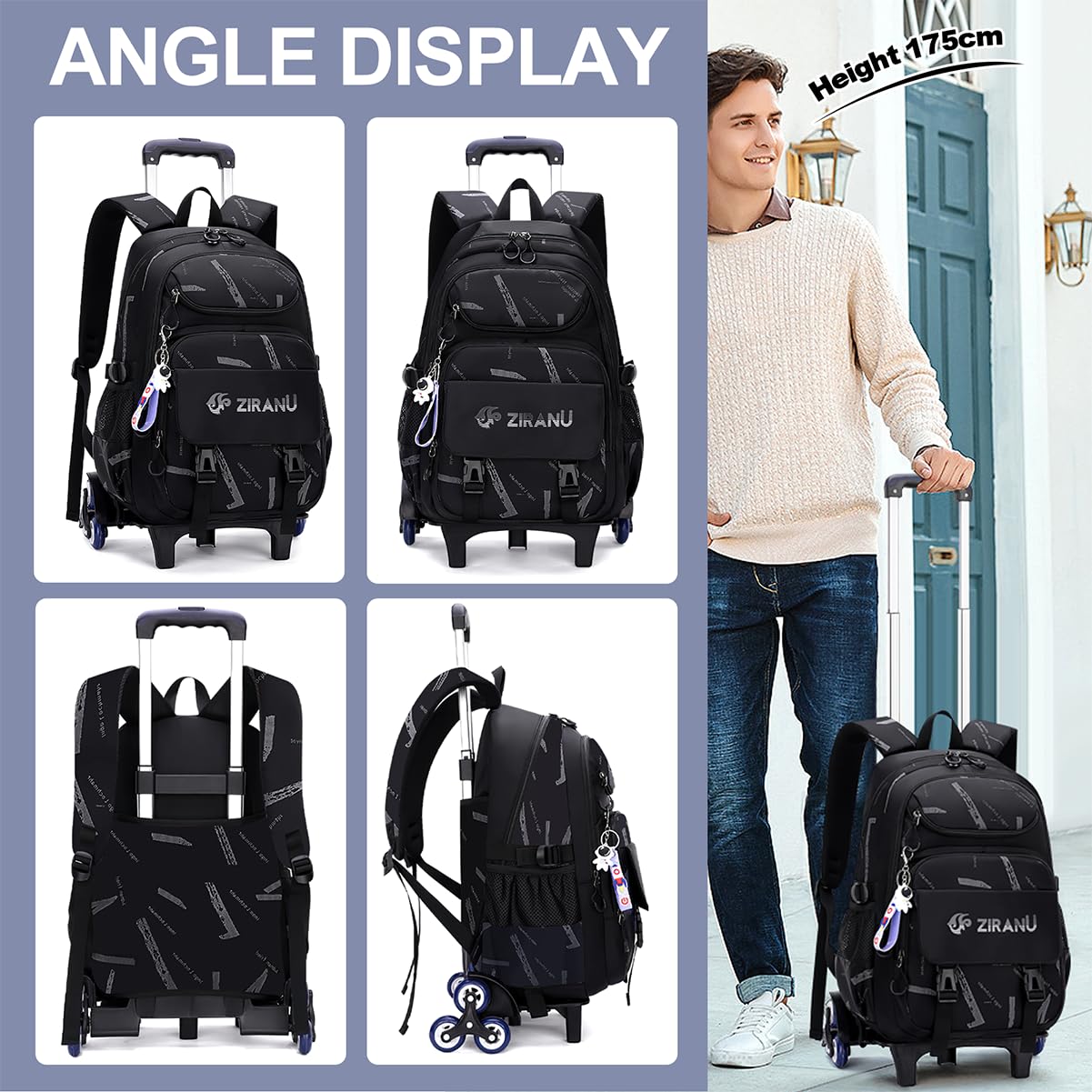 Mochilas Escolares con Ruedas Carro para Mochilas Escolares Niña Niños Grande Bolsas Escolares 6 Ruedas Trolley Bag Mochila Infantil Negro 32x20x46cm