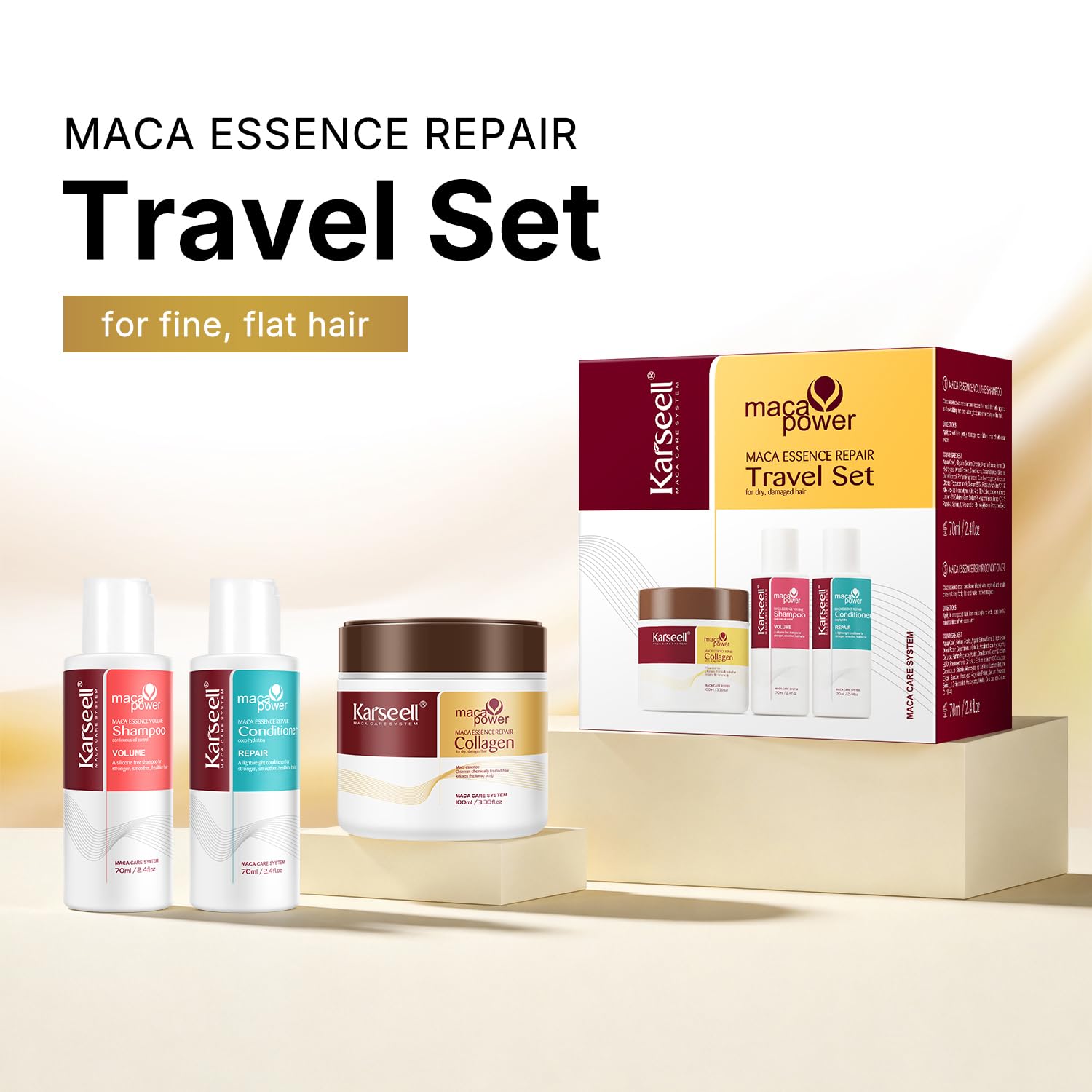 Karseell Coffret de Soins Capillaires, Collagen Masque Cheveux + Shampooing Volumateur +Après-Shampoing, Kits de Voyage pour Tous Types de Cheveux
