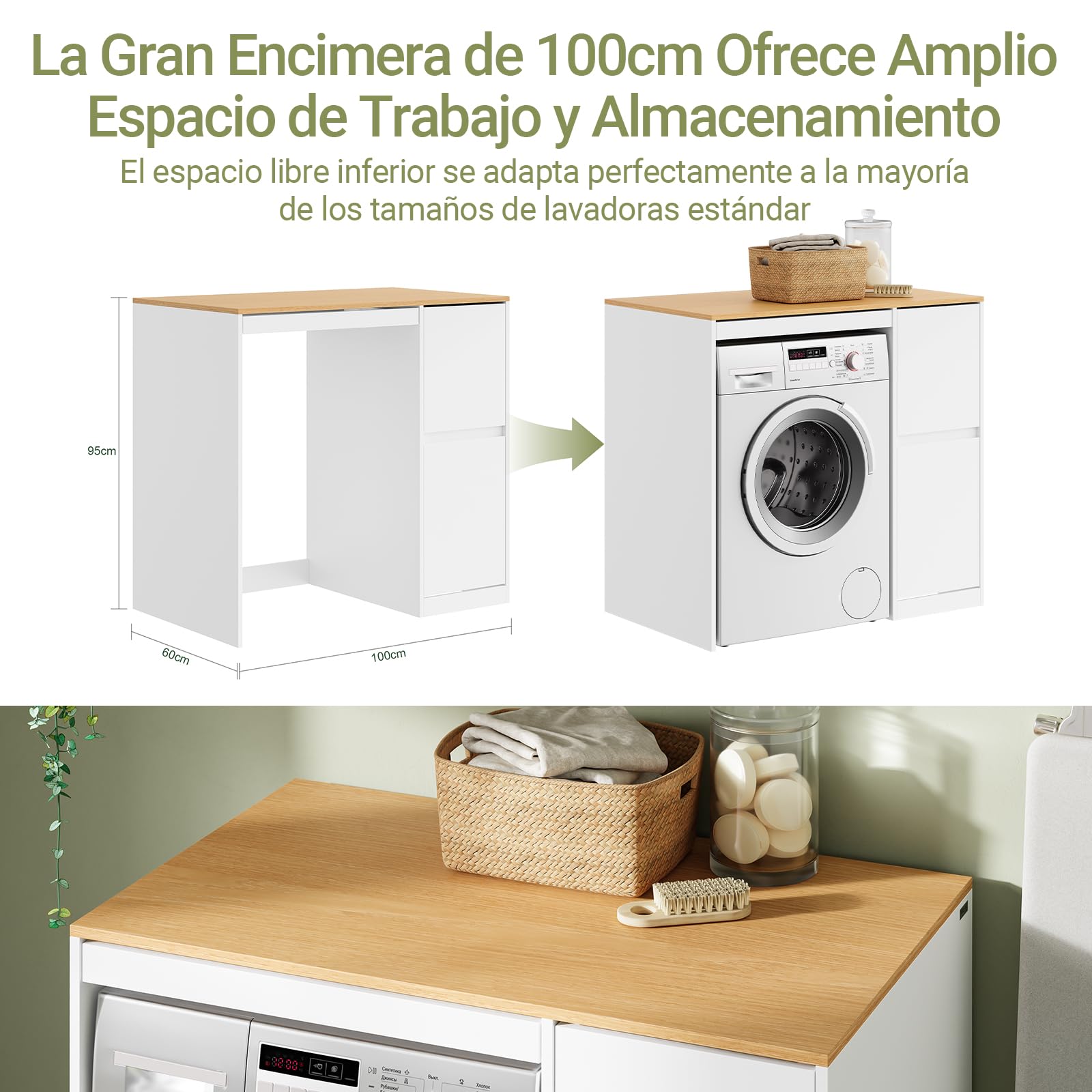 SoBuy Mueble Lavadora con Cesto para Ropa 100x60x95 cm Lavandería y Baño | Mueble sobre Lavadora, Estantería con Tendedero Extraíble, Armario Blanco y Madera BZR223-WN