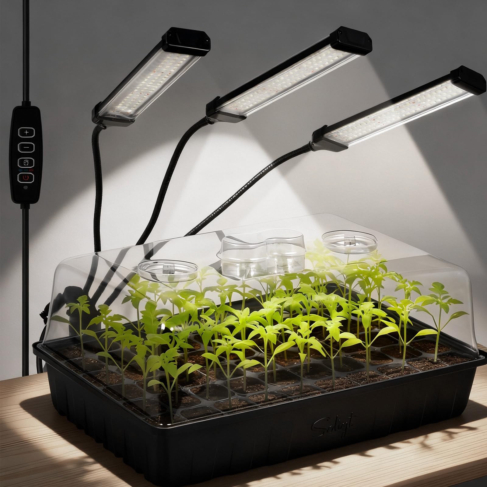 SOLIGT Saatgut-Starterschalen mit 60 Zellen, mit Wachstumslicht, Samen-Starter-Set mit 10,9 cm höheren Luftfeuchtigkeitskuppeln, Vollspektrum-Setzling-Licht mit 8/12/18-Stunden-Timer für Samenstart