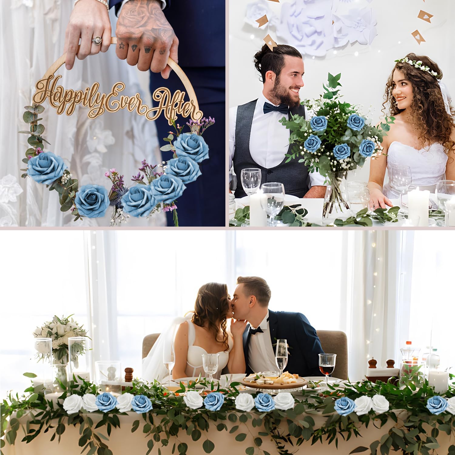 50Pcs Blue Grey Artificial Flowers Roses Real Looking Foam Fake Roses with Leaves for DIY Wedding Bouquets Bridal Shower Party Decorations (50, Blue Grey)