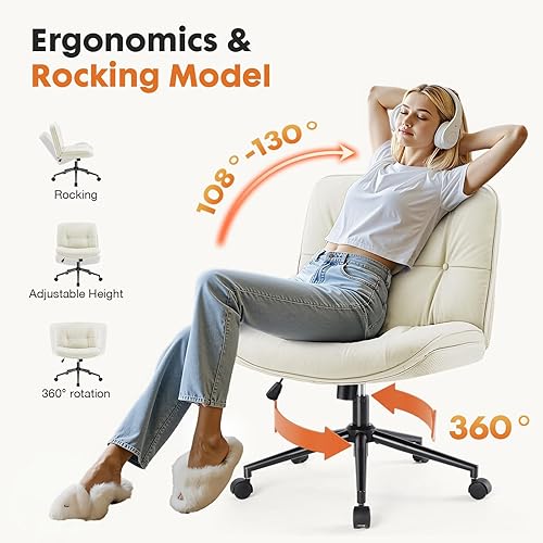 Miniatura 3 de Sweetcrispy Silla cruzada con ruedas, asiento ancho de piel sintética sin brazos, silla de tocador de escritorio de oficina, cómodas sillas