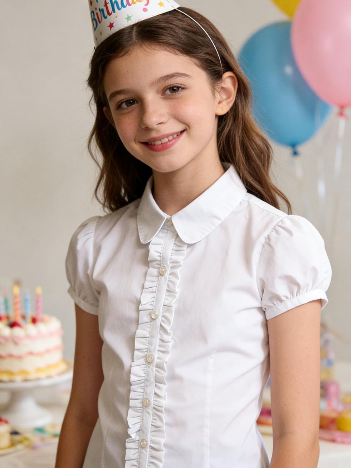 Bienzoe Girls Shirt Short Sleeve: White Button Up Kids School Uniform Cotton Oxford Collar Ruffle Dress Blouse - Image 6