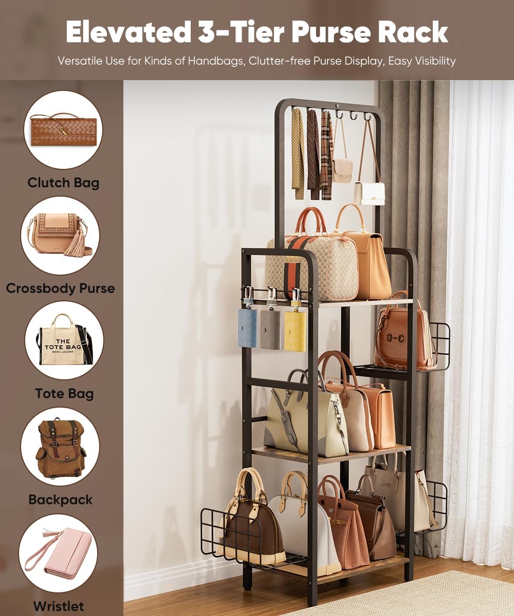 3-Tier Tall Purse Organizer Rack Stand, Floor-Standing Bag Storage Holder with Adjustable Side Basket and Hook Handbag Organizers Display Stand Shelf for Closet, Bedroom, Entryway, Black