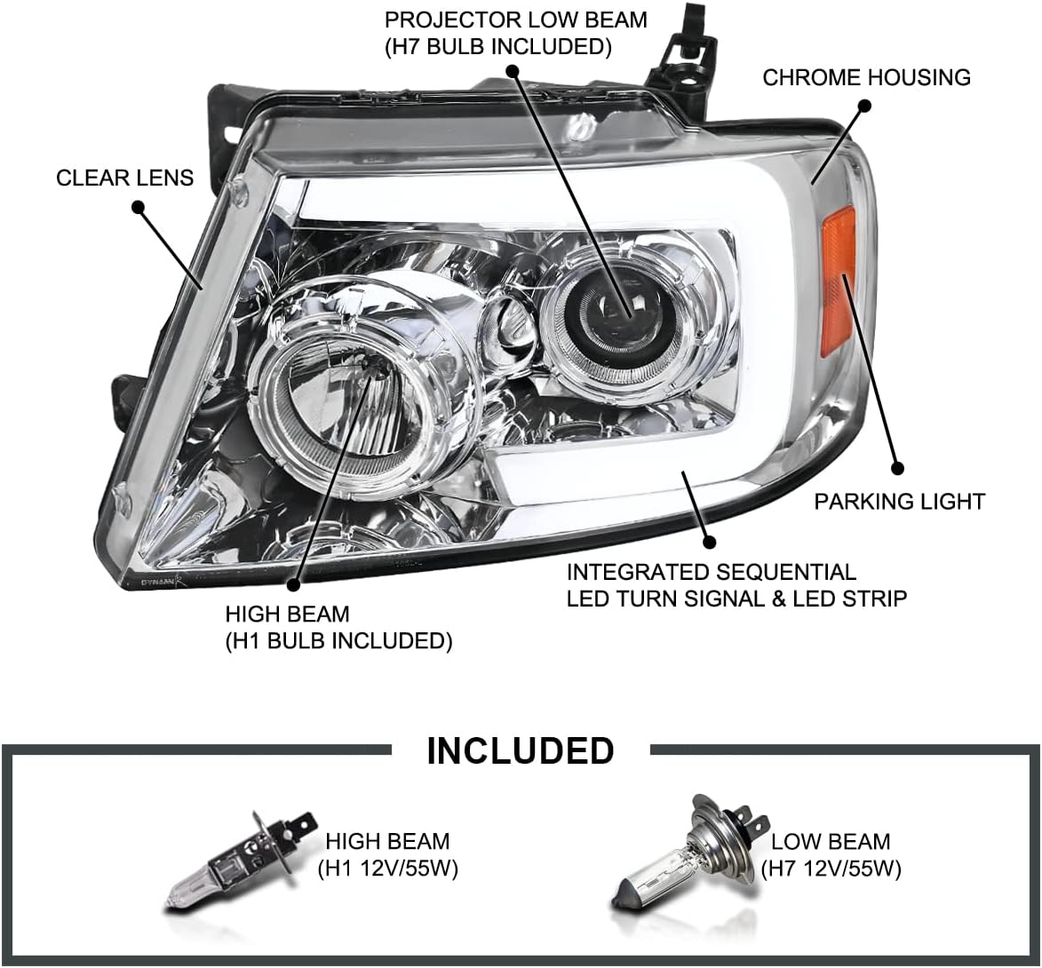 SPEC-D TUNING Chrome Projector Headlights w/Switchback Sequential Signal LED Tube Compatible with 2004-2008 Ford F150 2006-2008 Lincoln Mark LT, Left + Right Pair Headlamps Assembly