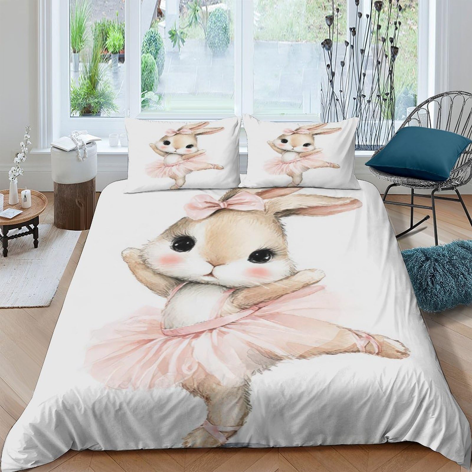 GPLZQXKJNH 3D Printed Ballet Bunny Duvet Cover Microfiber Soft Breathable Cute Rabbit Bedding Set with 2 Pillowcases for Bedroom Decor Single（135x200cm）