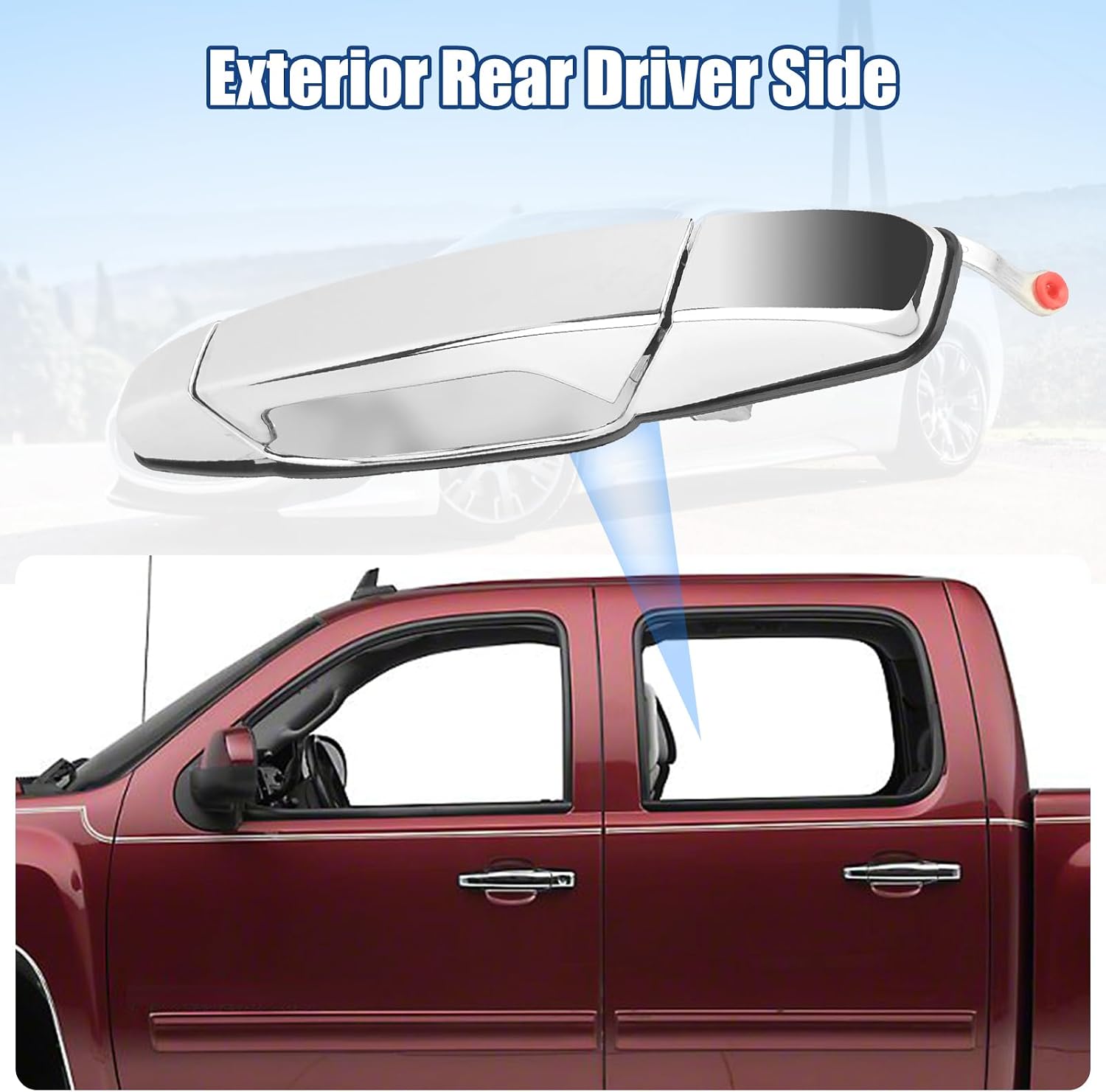 Rear Driver Side Exterior Door Handle Left Replacement for 2007 2008 2009 2010 2011 2012 2013 Chevy Silverado, Tahoe, Avalanche, Suburban, GMC Sierra, Yukon XL, Cadillac Escalade, 80105, Chrome