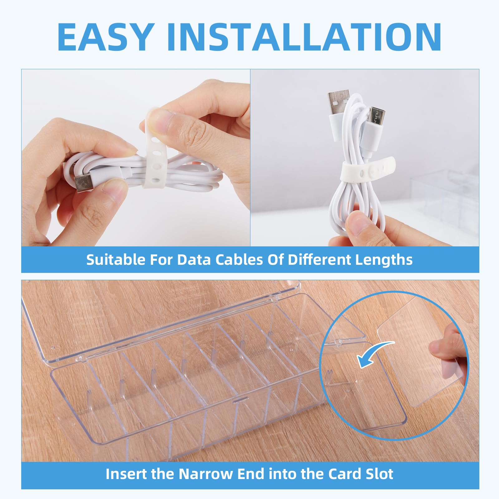Arvok 2 Piezas Organizador de Cables con Tapa, Caja de Gestión de Cables con 8 Compartimentos Ajustables, Caja de Plástico para Almacenamiento de Escritorio, Guardar y Clasificar Cable de Carga