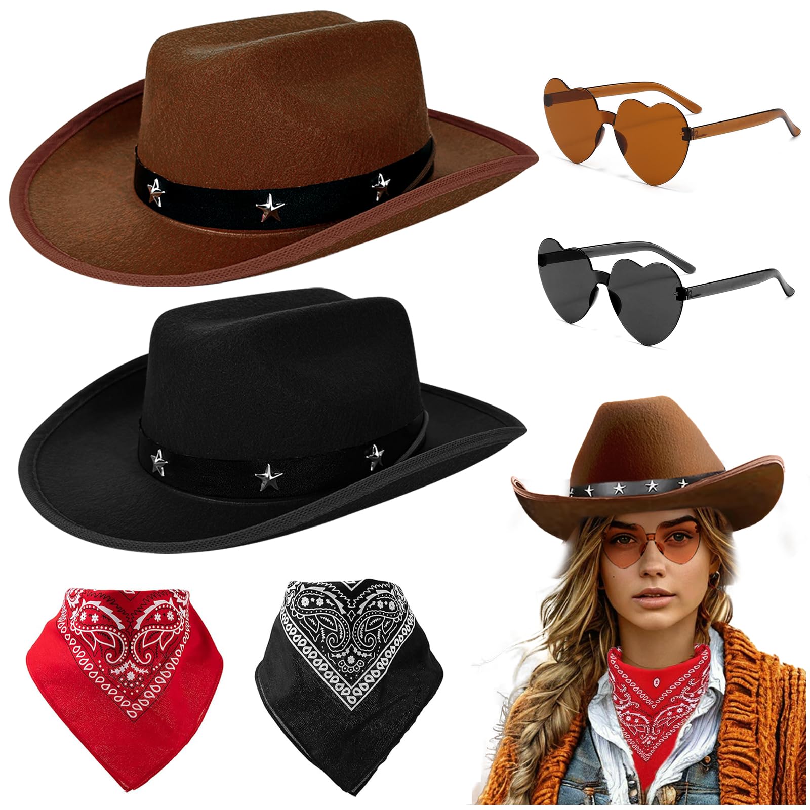 Audasi Cowboy Fancy Dress Accessory Set, 6 Pack Black and Brown Star-Studded Cowboy Hats Sunglasses with Red & Black Bandanas Western Fancy Dress-up for Cosplay Halloween Party