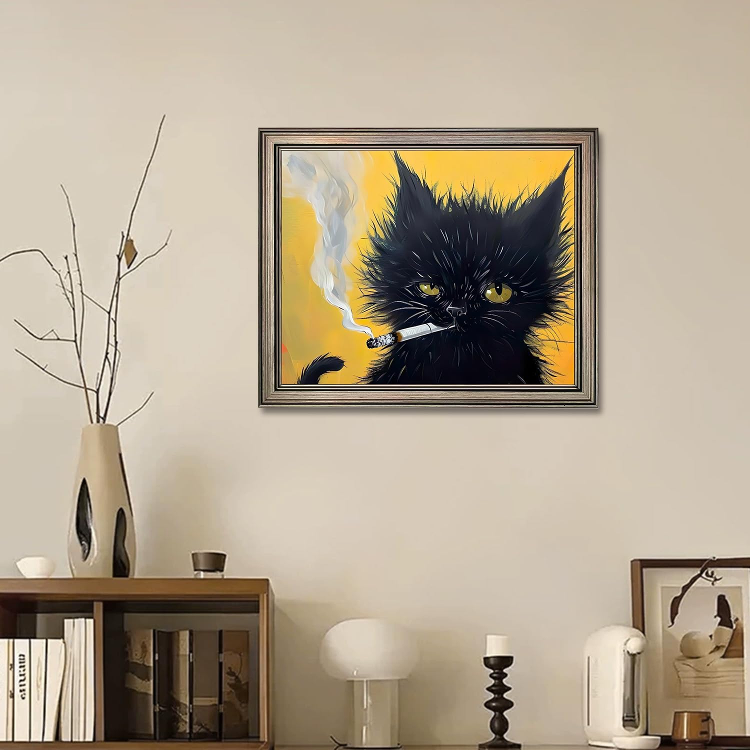 Vintage Framed Black Cat Painting Cat Portrait Wall Art Canvas Print Poster for Mens Room Living Room Bedroom Bathroom Home Decor
