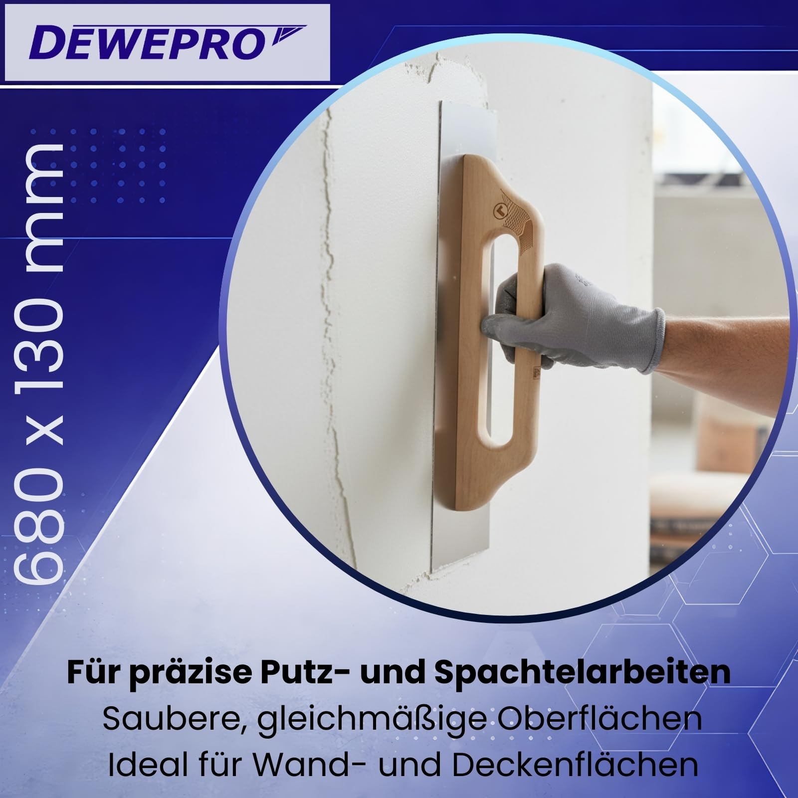 DEWEPRO® Frattazzo svizzera, Spatola Lisciante - Cazzuola per Intonaco - Acciaio Inossidabile 680 x 130 mm - Con Manico in Legno