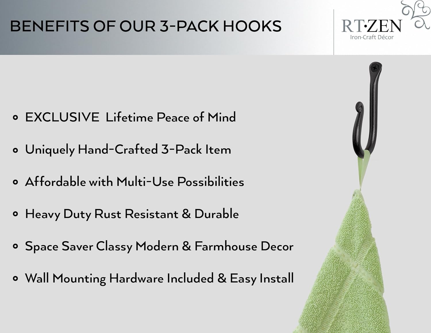 RTZEN Wall Mount Hook Set - Wrought Iron Decorative Rustic Metal Coat Hooks for Hanging - Handcrafted Classic Farmhouse Wall Mounted Black Hooks for Towel Robe or Hat Hanging - 3 Pack - Image 2