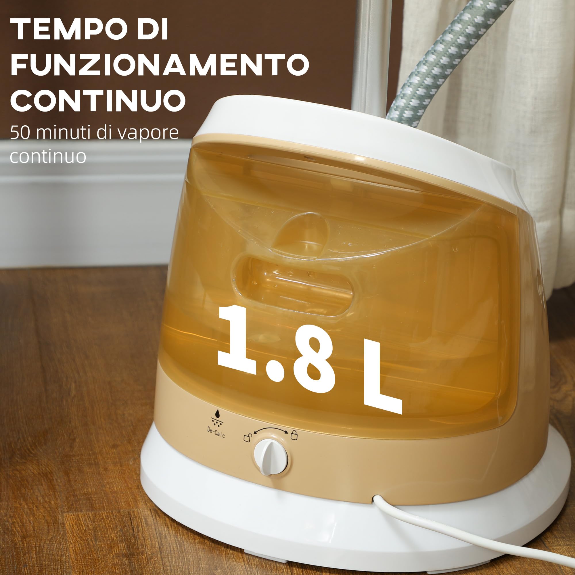 HOMCOM Ferro da Stiro Verticale a Vapore 1800W con Serbatoio 1.8L Oro | Stiratrice Stirella Verticale, Piastra Alluminio, Regolabile, Asta Telescopica, Accessori Abiti Tende Divani