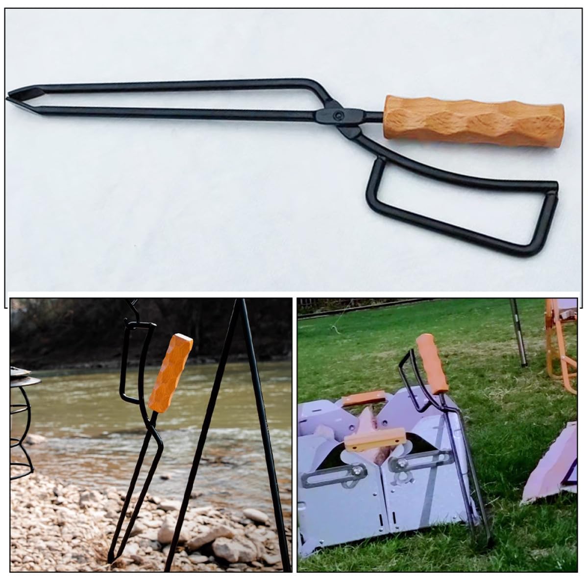 Artibetter Pinza per Barbecue in Ferro e Legno Alta Durezza, Utensile per Spostare la Legna, Adatta per Campeggio e Caminetti Interni