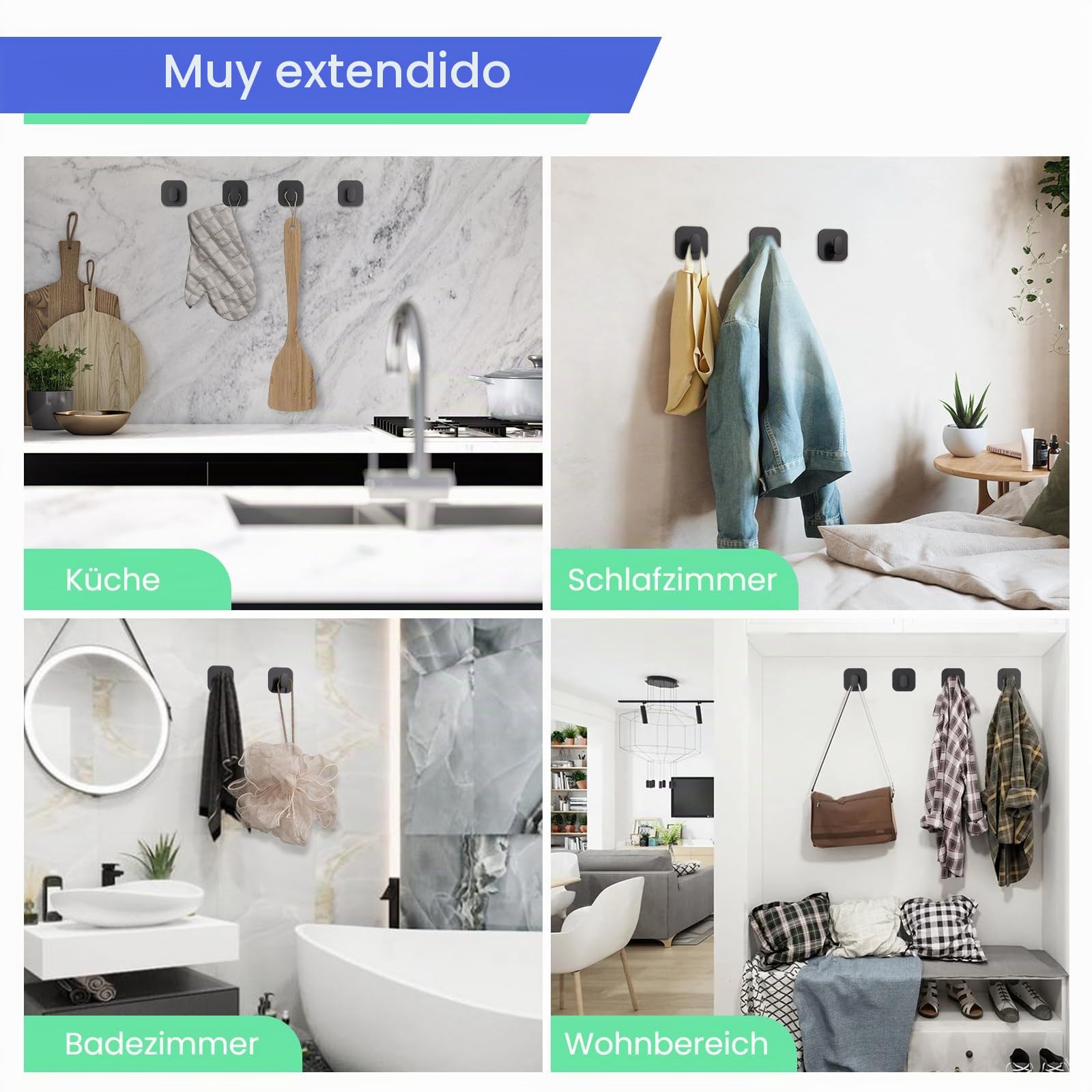 Aikzik Ganchos Adhesivos para Pared, Acero Inoxidable Toalleros sin Taladro, Colgadores Adhesivo Resistentespara Toallas Baño Cocina Albornoz, Negro