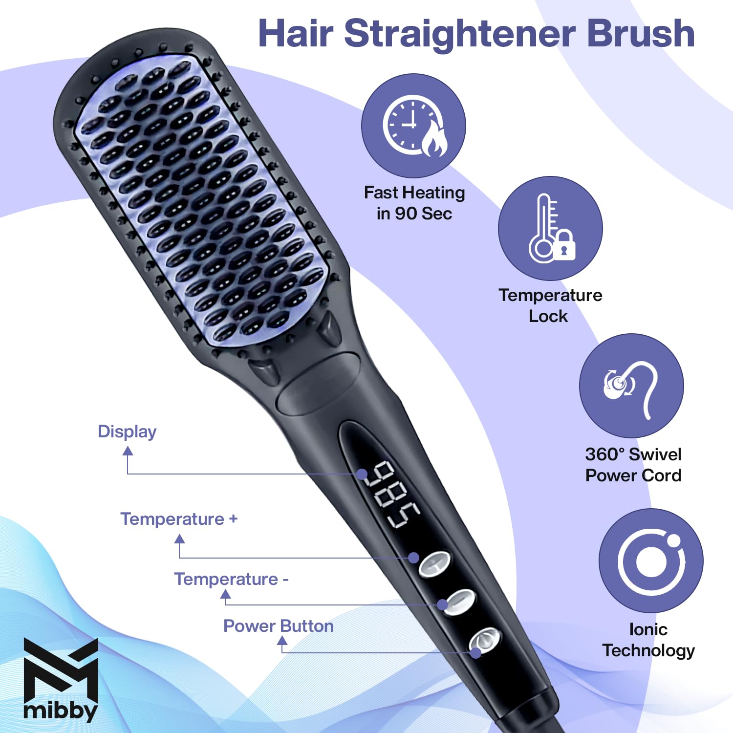 MIBBY 3-in-1 Hair Straightener Brush & Hot Comb, Double Anion Ionic Hair Straightening Brush, 90s Fast Heat - Image 3