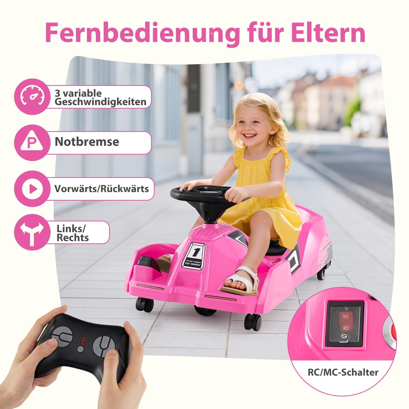 COSTWAY 3 in 1 Reinigungs Kinder Elektro Gokart, 12V Cleaning Drift Kart mit abnehmbarem Mopp, 2-4 km/h, Go Cart mit Musik, Fernbedienung & Hupe, Kinderfahrzeug Tretauto für 2-5 Jahren Kinder (Rosa)