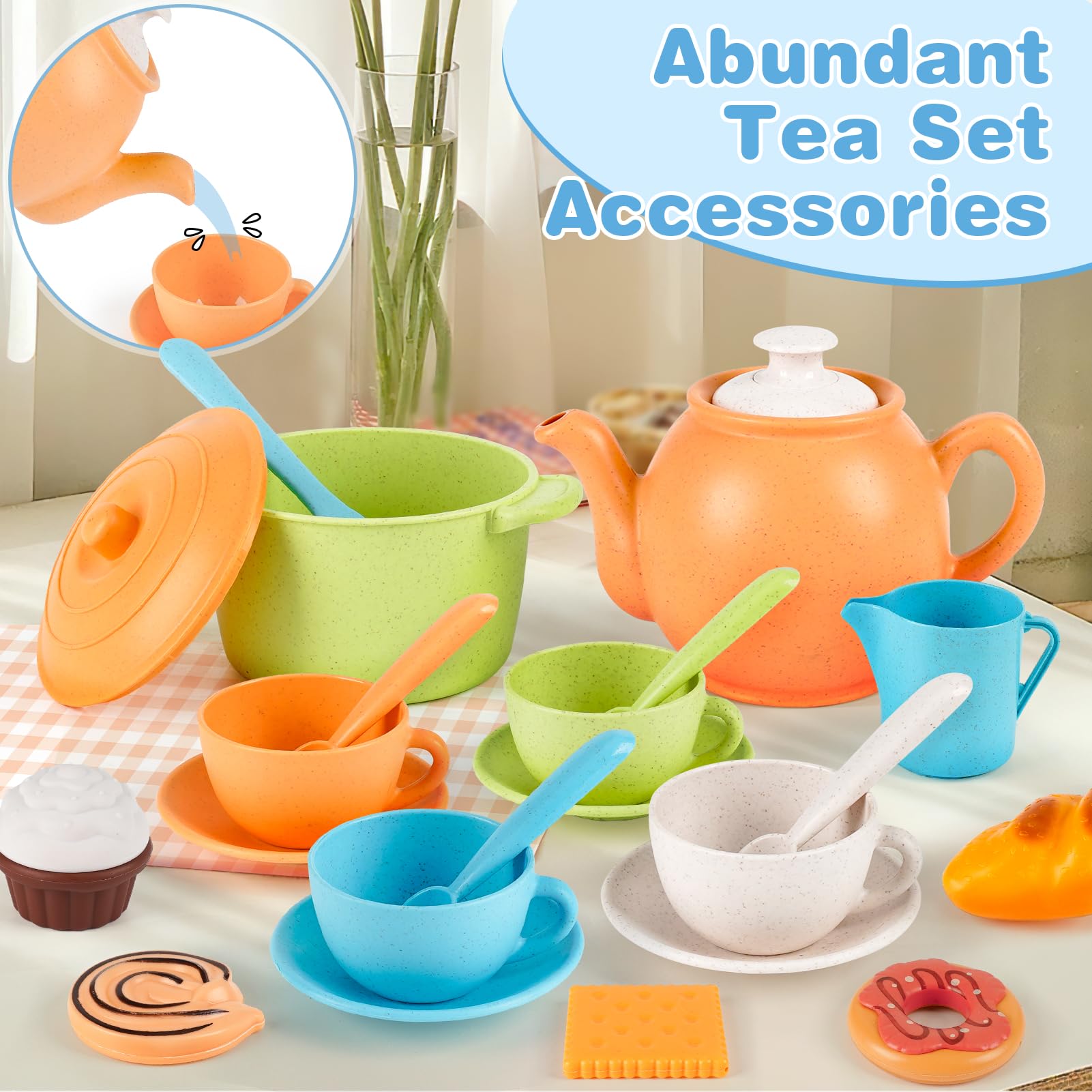 Dreamon Juego de Té para Niños 36PCS, Juego de té Juguete con Postre Juguete Juego de Cocina Educativos Juegos de rol Regalo para Niños Niñas 3 4 5 6 años