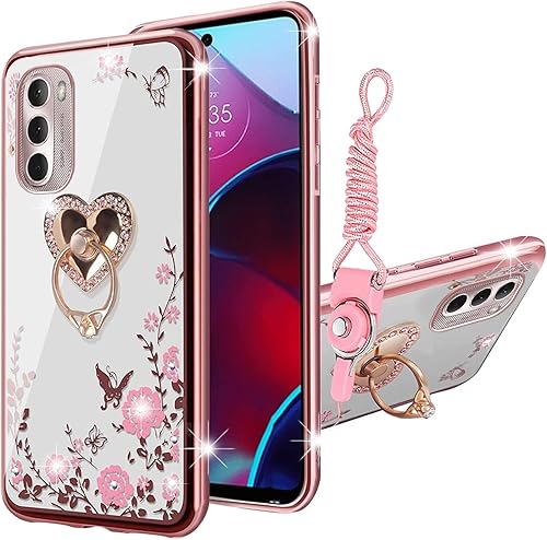 Funda para Moto G Stylus 2022 para mujer, funda protectora de TPU transparente con soporte y correa para Motorola G Stylus 2022 (oro rosa)