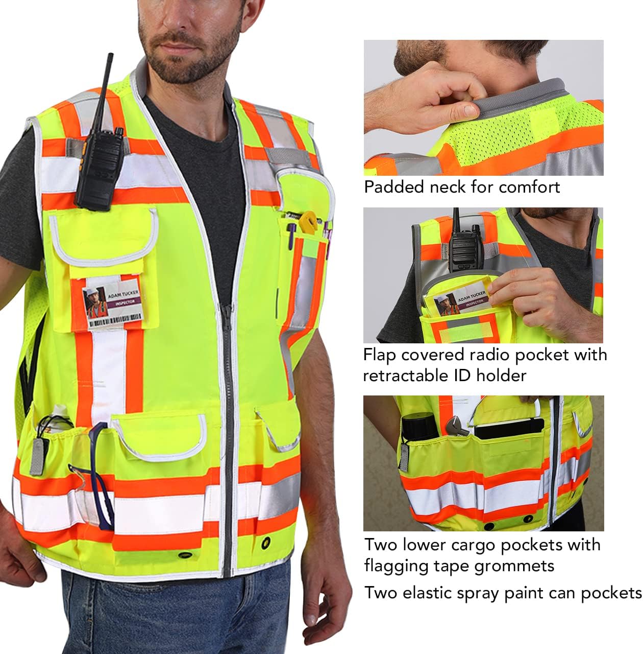 Dib Safety Reflective Vest Heavy Duty, High Visibility Two Tone Engineer Vest, Made with 3M Tape, Padded Collar, Retractable ID Pocket, Yellow L - Image 4