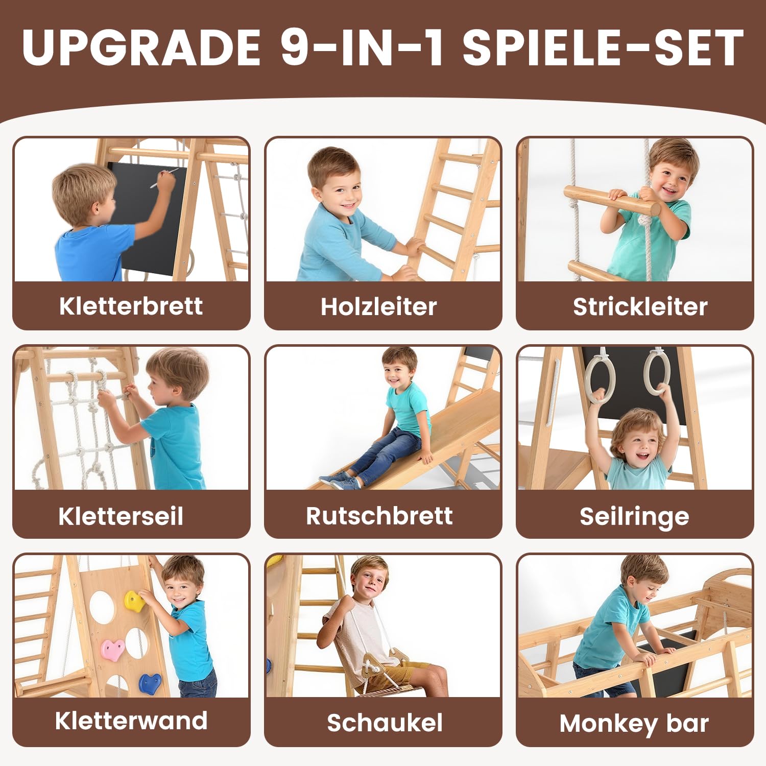 Klettergerüst Indoor Klappbar, Montessori 9-in-1 Holzspielplatz mit Rutsche, Schaukel & Kletternetz, Sprossenwand Kletterdreieck für Kinder 1-6 Jahre (Natur)