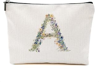 Flowers Initial Makeup Bag Personalized Cosmetic Bag Monogrammed for Women Girls Bride Friend Travel Organizer Zipper Pouch Teacher Christmas Birthday Wedding Bridal Shower Gifts, Letter A