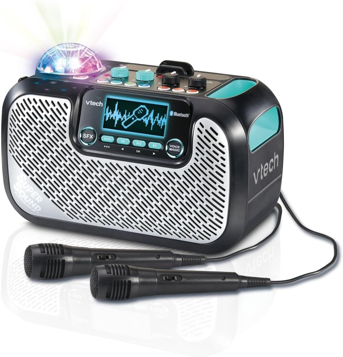 VTech Super Sound Karaoke machine with two wired microphones connected