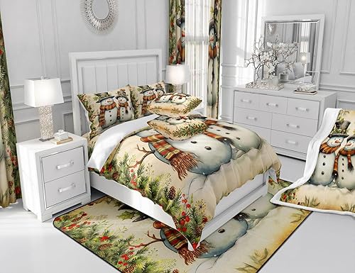 Miniatura 6 de Manfei Lindo juego de sábanas bajeras de muñeco de nieve, tamaño individual, juego de ropa de cama con temática de Navidad, 2 piezas para niños,