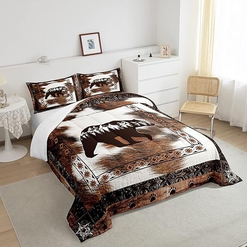 Miniatura 4 de Juego de edredón de oso tamaño individual, decoración de granja occidental, ropa de cama con estampado de vaca marrón, decoración tribal bohemia,