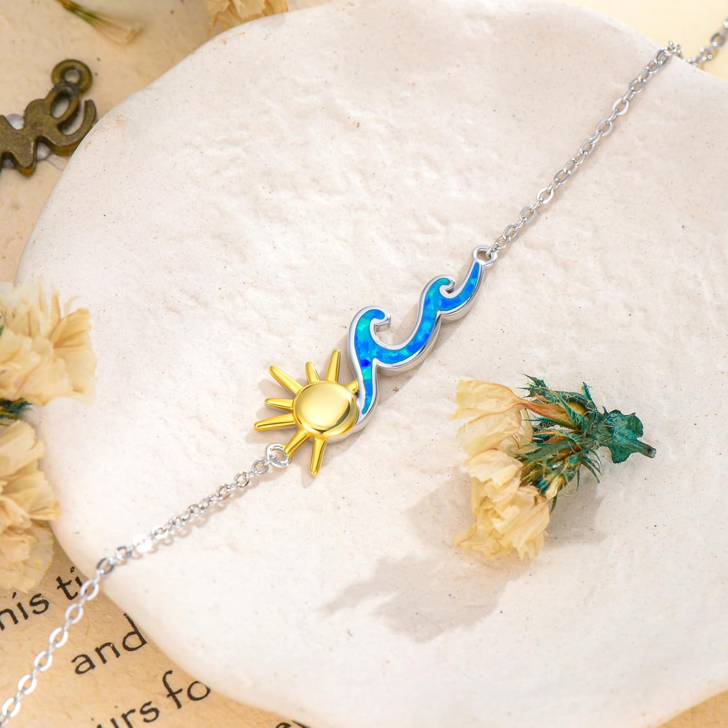 Wave Bracelet for Women 925 Sterling Silver Sun and Wave Bracelet Blue Opal Beach Ocean Jewelry for Women - Image 5